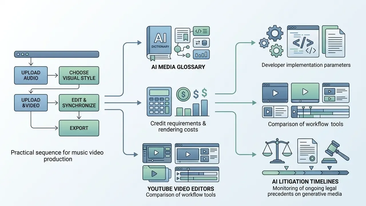 Flowchart showing production steps leading to glossaries, cost calculators, and legal monitoring tools