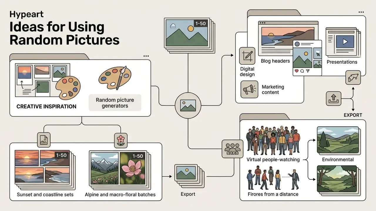Diagram showing creative applications for generated imagery including design, marketing, and inspiration