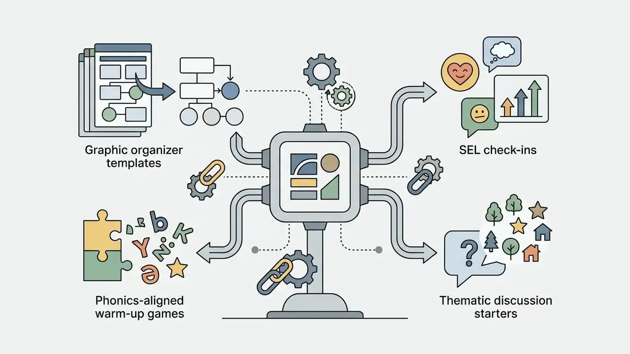 AI processor transforming graphic organizer templates into SEL check-ins and phonics-aligned game assets