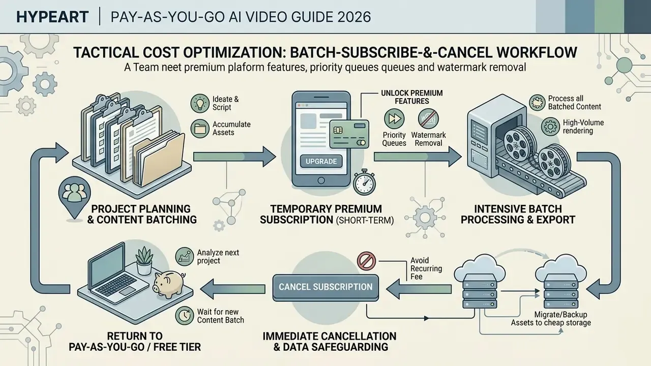 Workflow diagram showing the cycle of batching projects, upgrading for short-term access, and cancelling