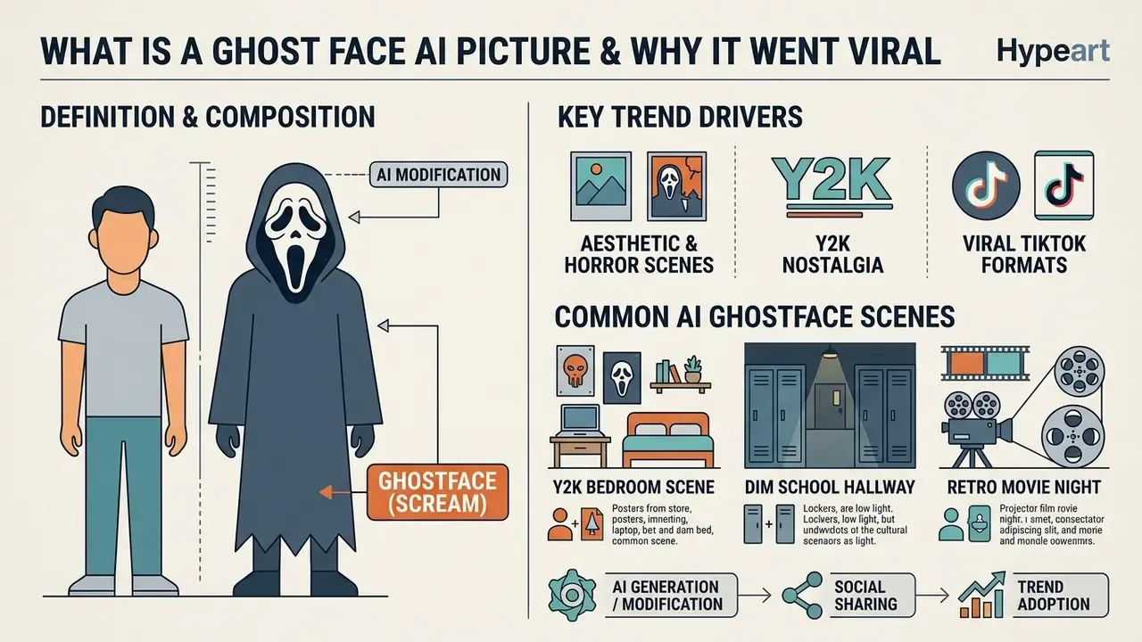 Infographic explaining the creation of a ghost face AI picture through common horror themes and trends