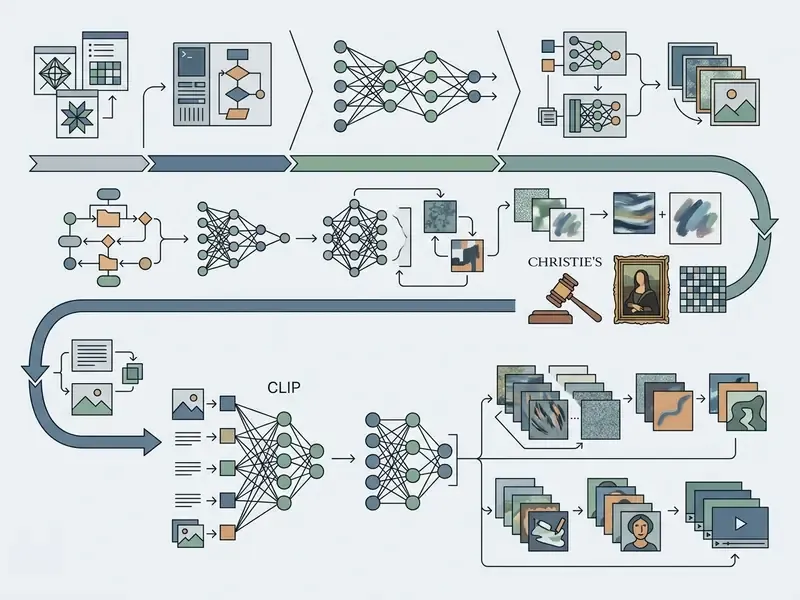 Flowchart depicting the evolution of AI art from early rule-based algorithms to modern diffusion models