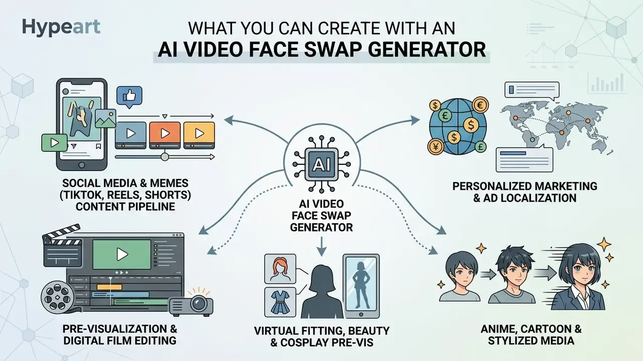 Central AI hub branching into icons representing social media, marketing, film editing, virtual fitting, and anime
