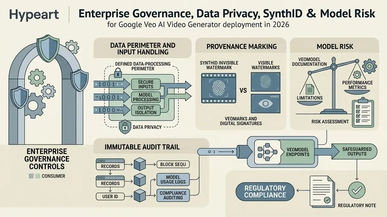 Infographic detailing four enterprise controls for Google Veo including data perimeters and audit trails