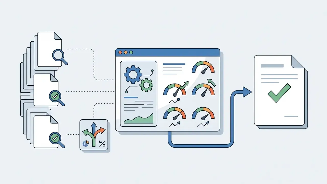 Documents being analyzed and processed through a dashboard with gauges to produce a verified report