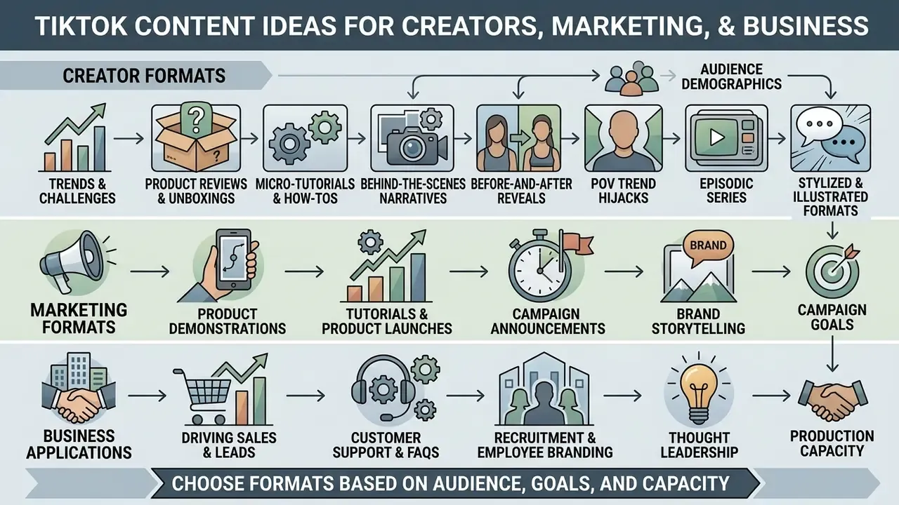 Flowchart categorizing video content strategies into creator, marketing, and business formats