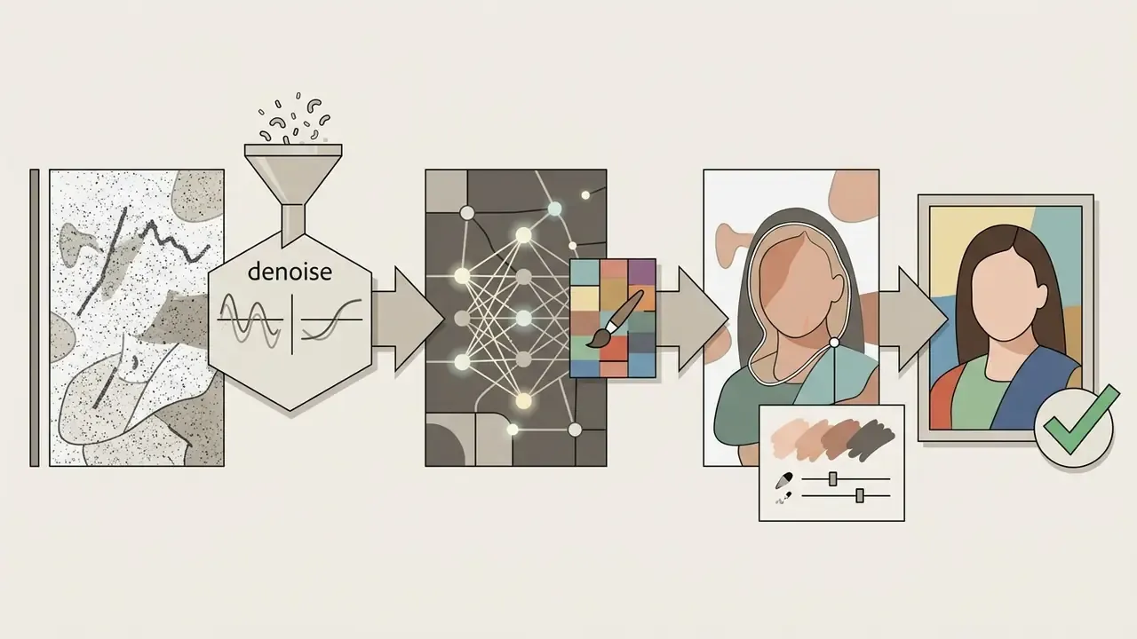 Sequence showing noise reduction, neural colorization, and skin tone adjustment for a portrait