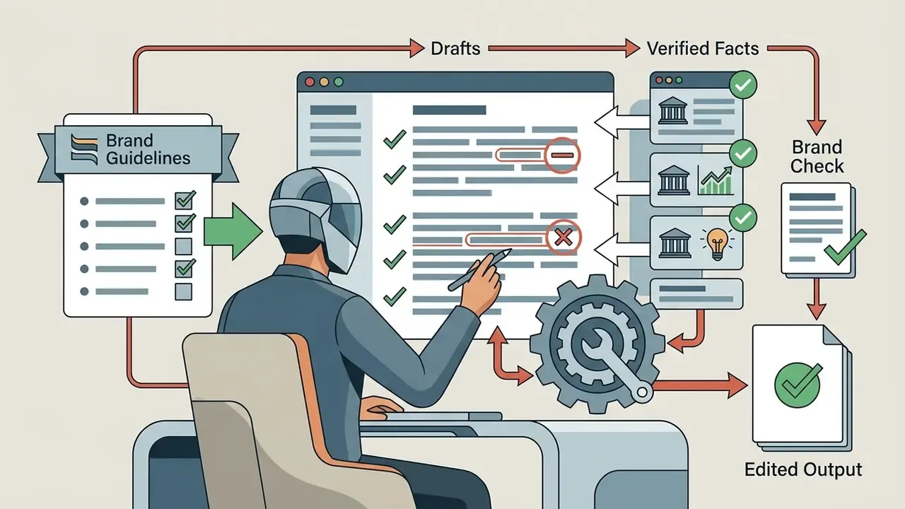 Person reviewing AI drafts against brand guidelines and factual data to produce a final edited document