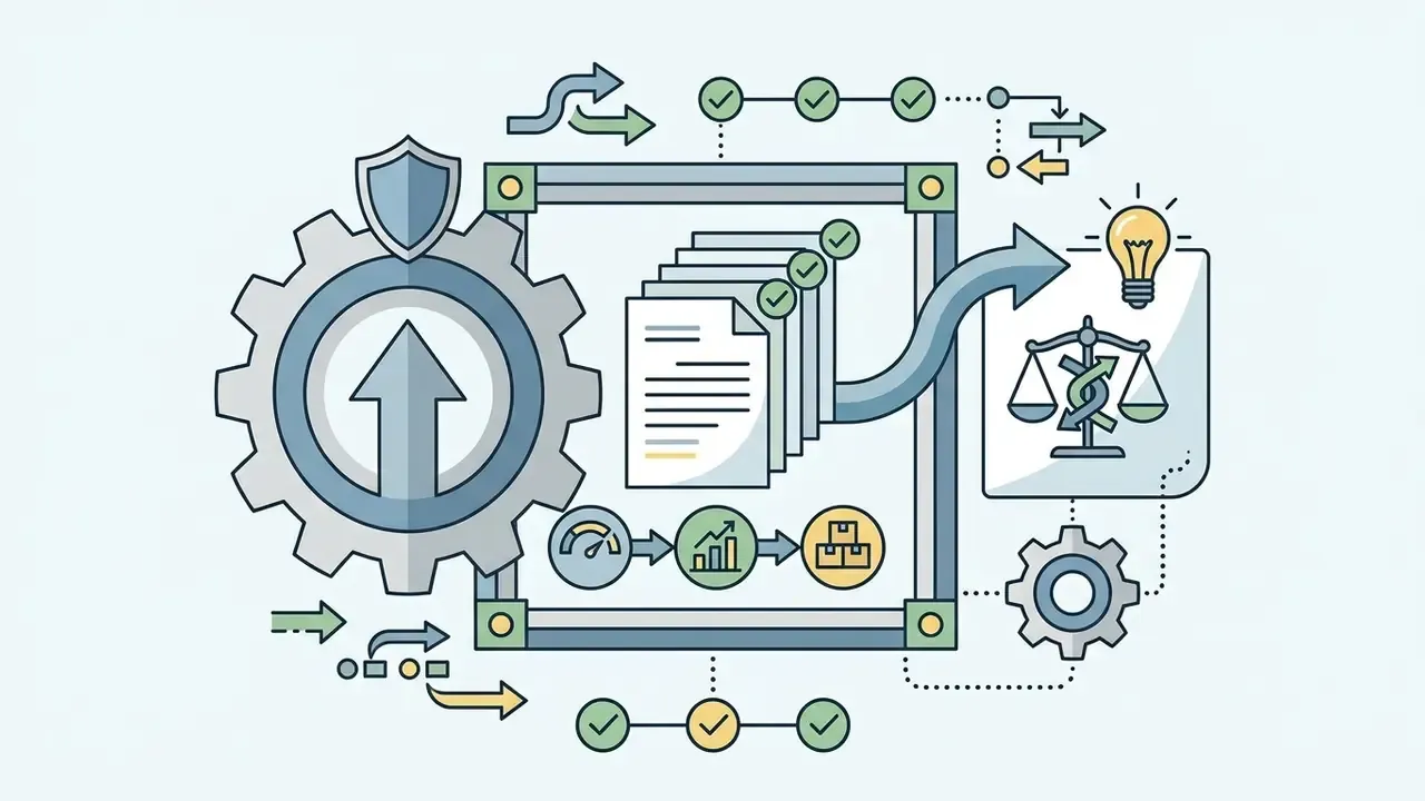 Gear and shield mechanism processing documents into audit indicators for AI media benchmarks and review proof