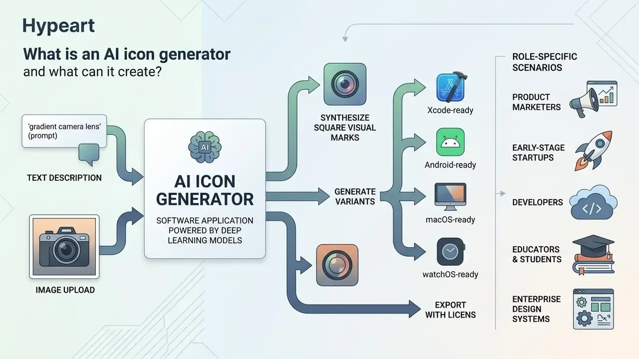 Flowchart showing how an AI icon generator converts text or images into platform-specific visual assets