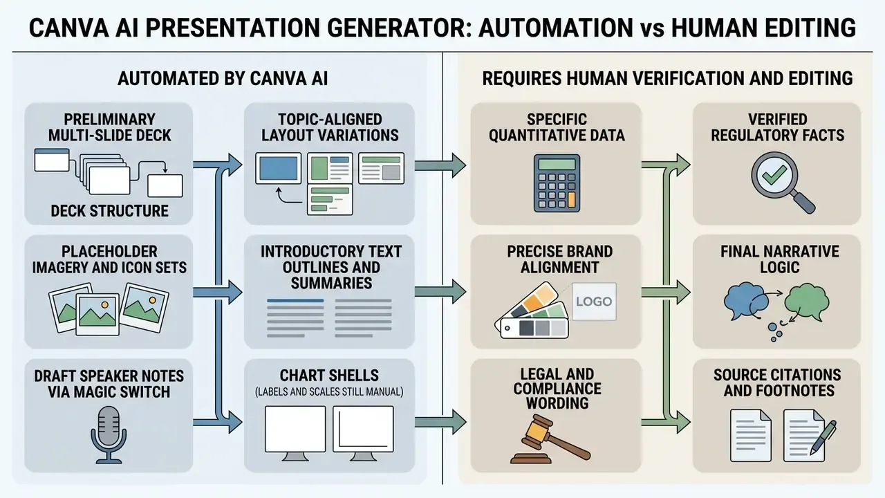 Comparison chart showing tasks automated by Canva AI versus those requiring human verification and editing
