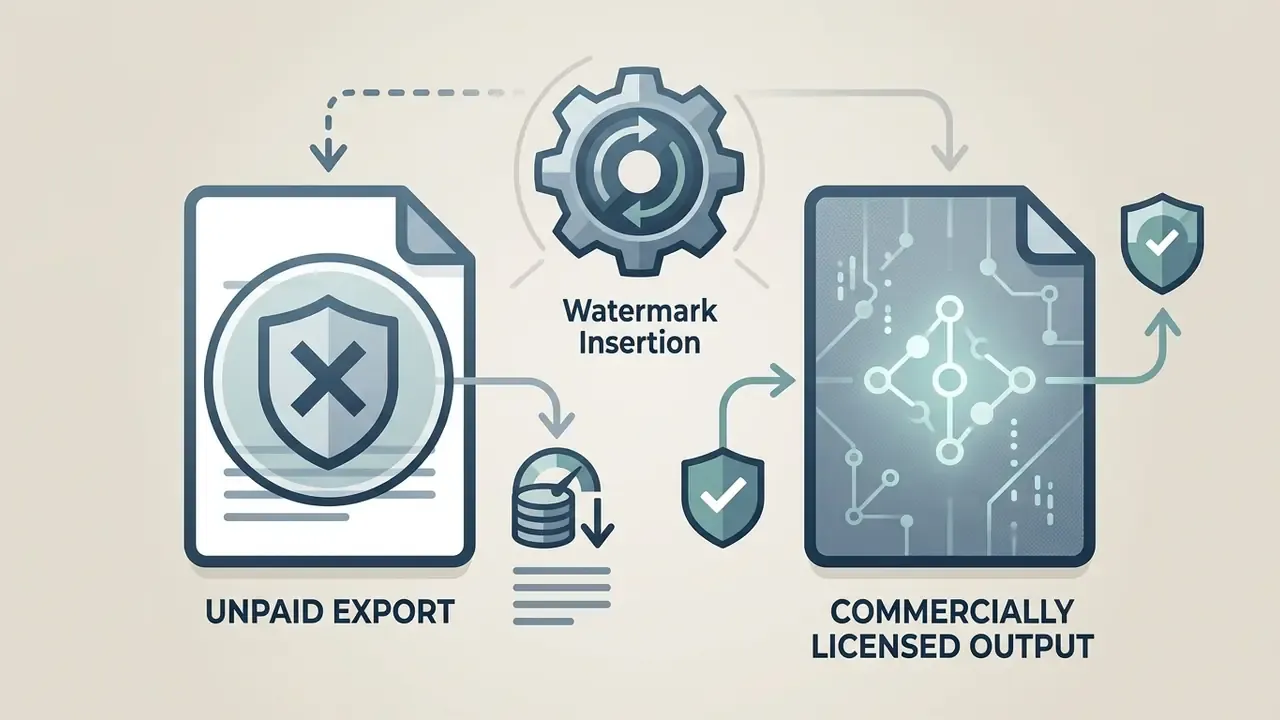 Document icons showing the transition from watermarked unpaid exports to clean commercially licensed output