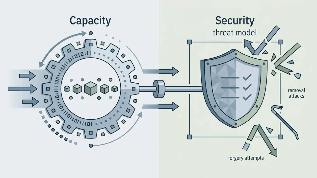 Gear representing data capacity connected to a shield defending against removal and forgery attacks