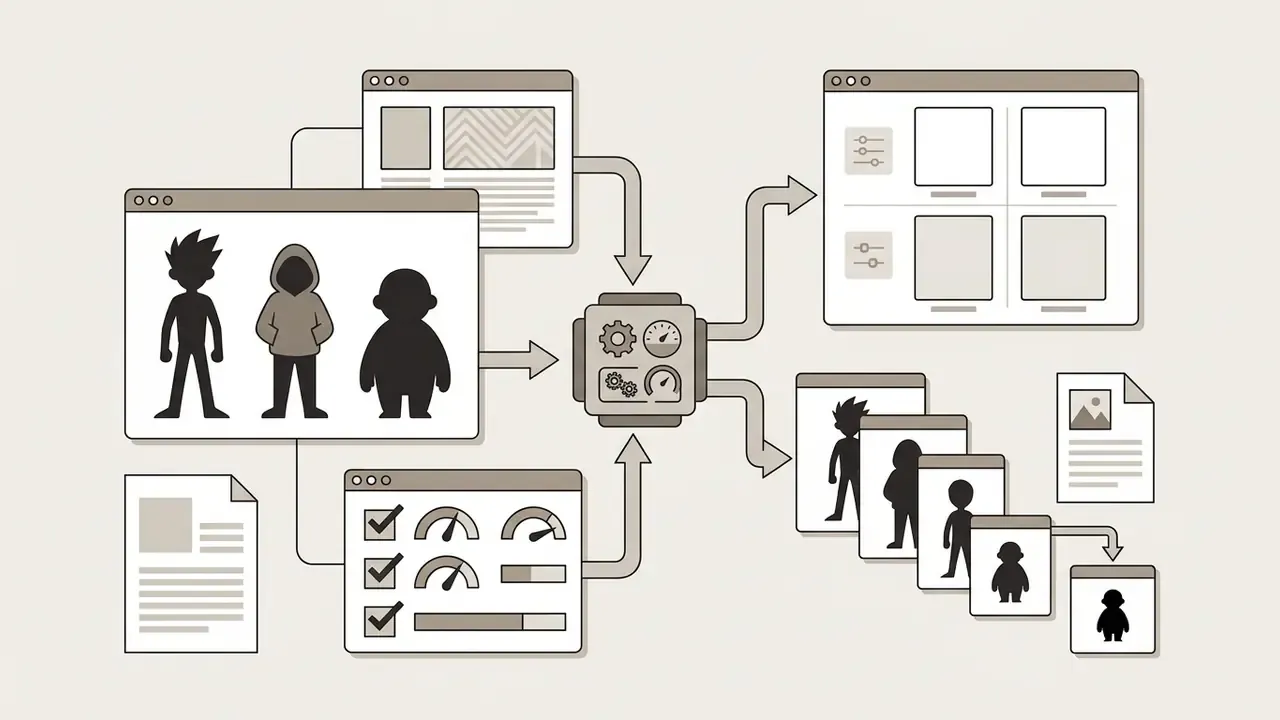 Character silhouettes and control panels feeding into a central processor that outputs design variations