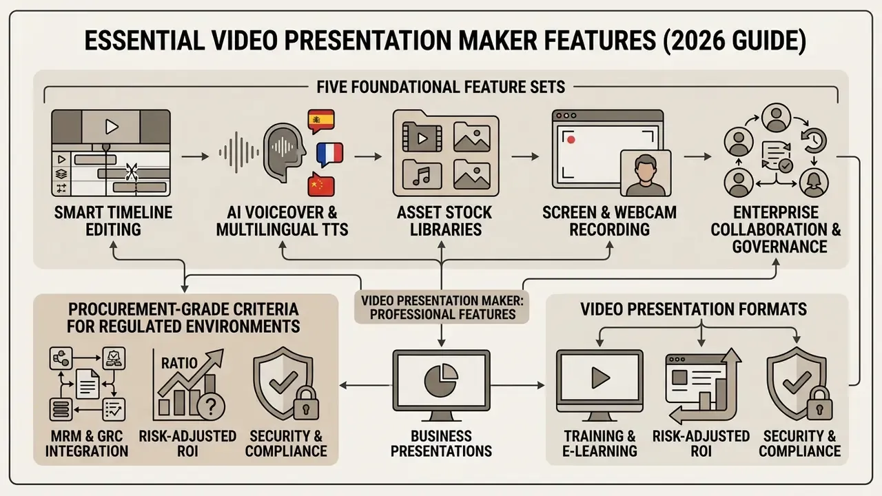 Diagram outlining foundational and procurement features for a professional video presentation maker