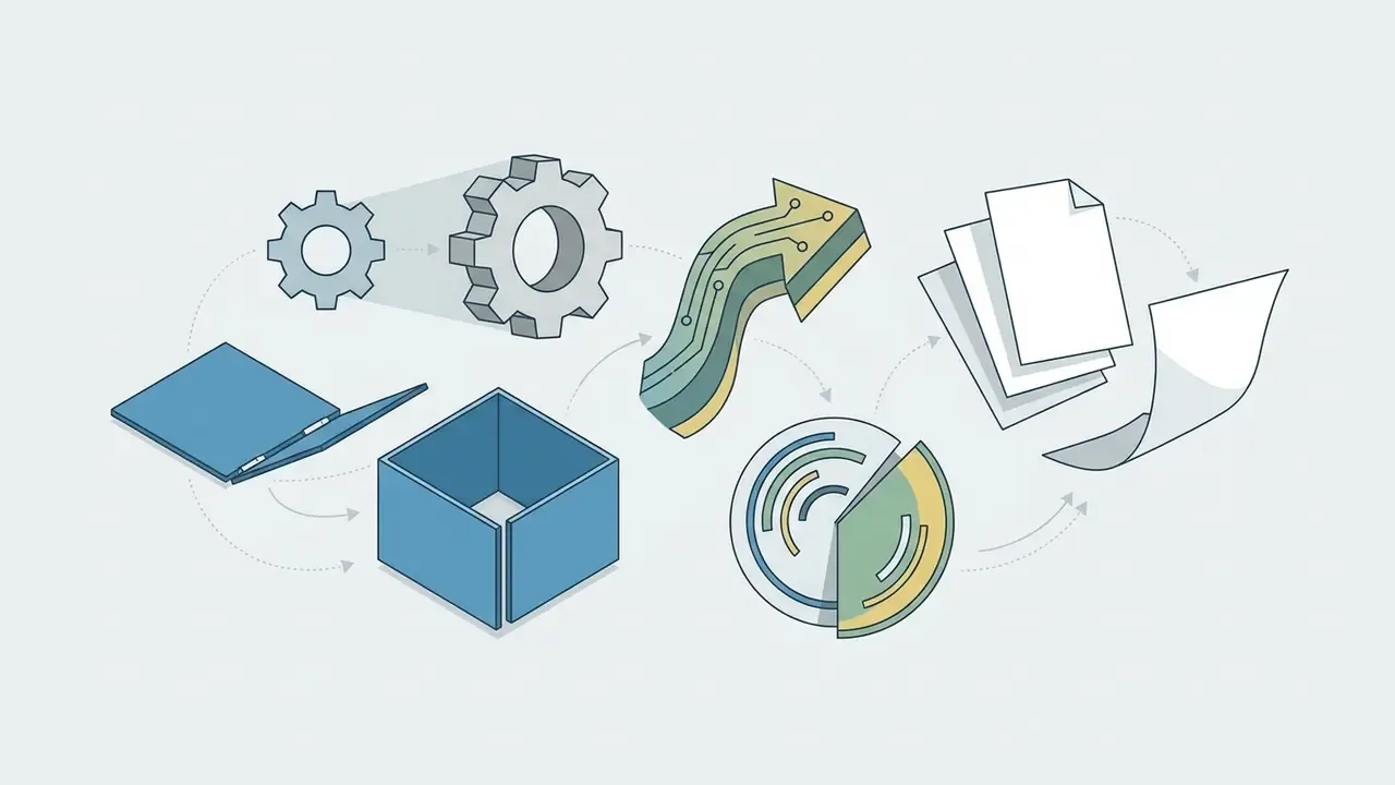 Gears, a 3D box, a circuit-patterned arrow, a pie chart, and paper sheets connected by circular arrows