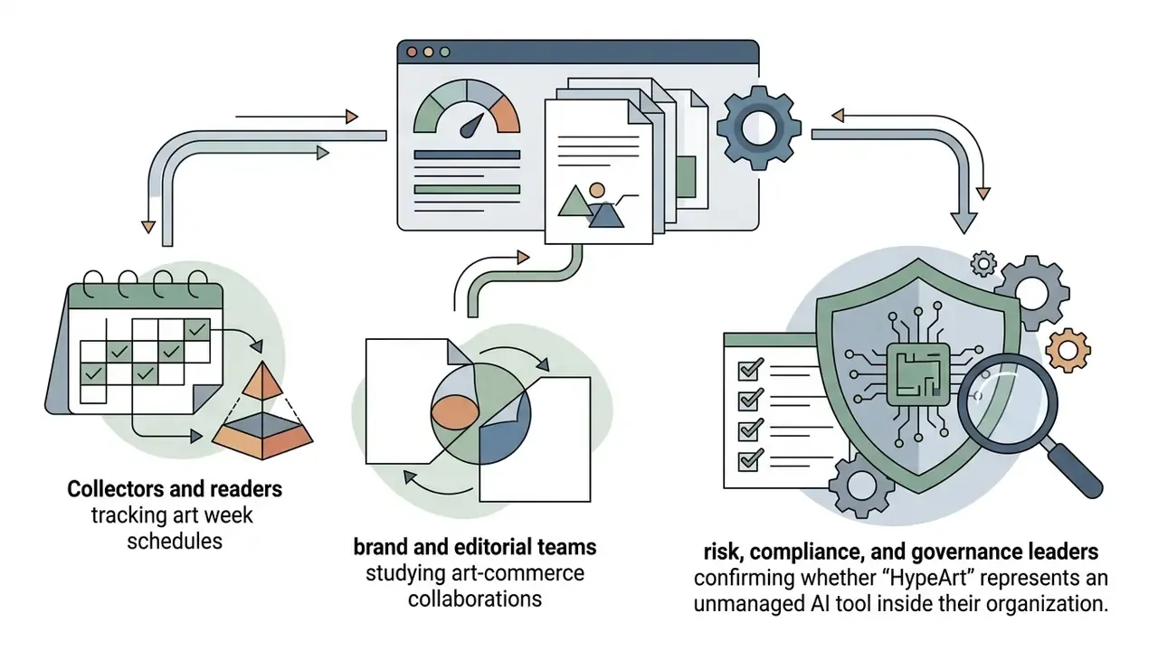 Icons for collectors, editorial teams, and governance leaders connecting to a central dashboard