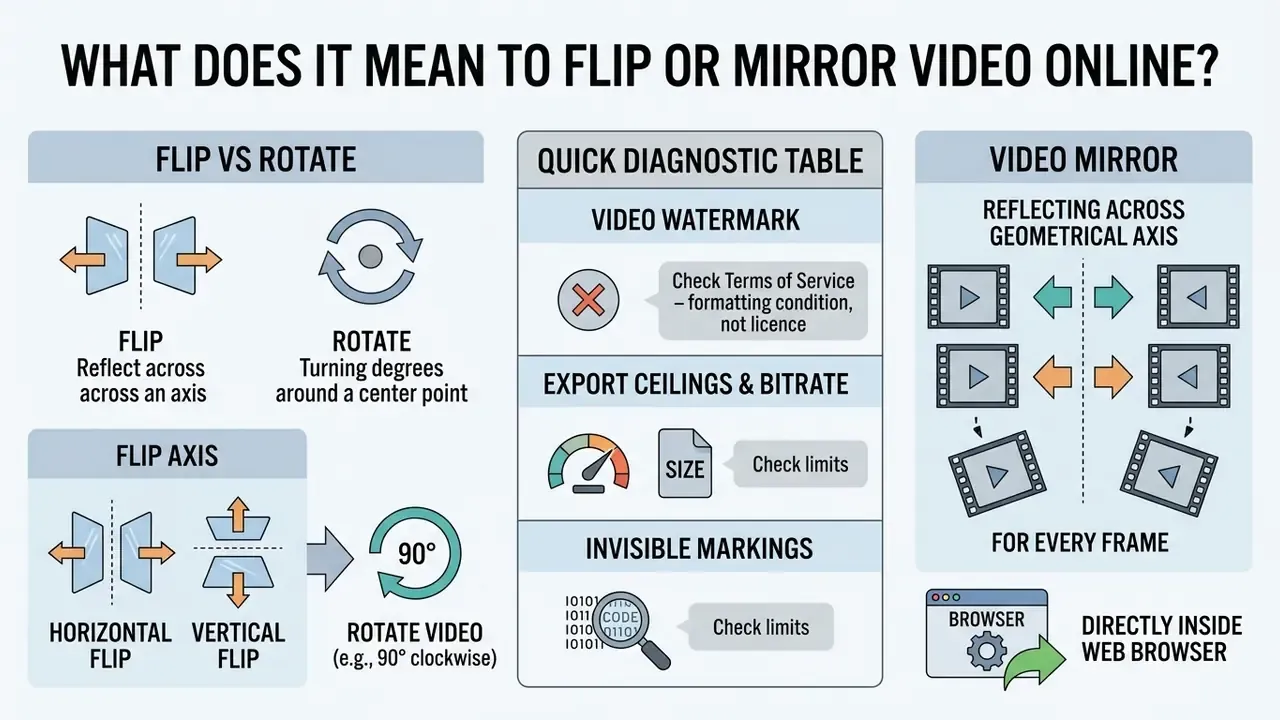 Infographic explaining horizontal and vertical video mirroring, rotation, and diagnostic considerations