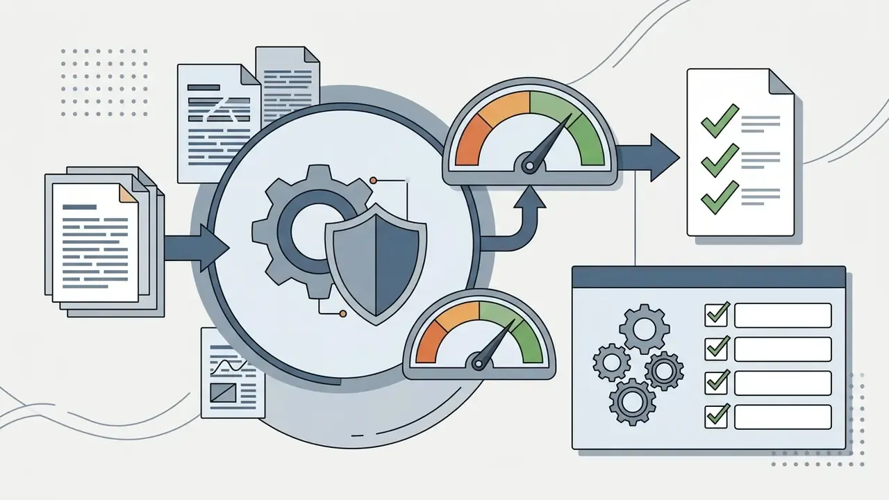 Documents feeding into a gear and shield processor linked to speed gauges and a checklist interface