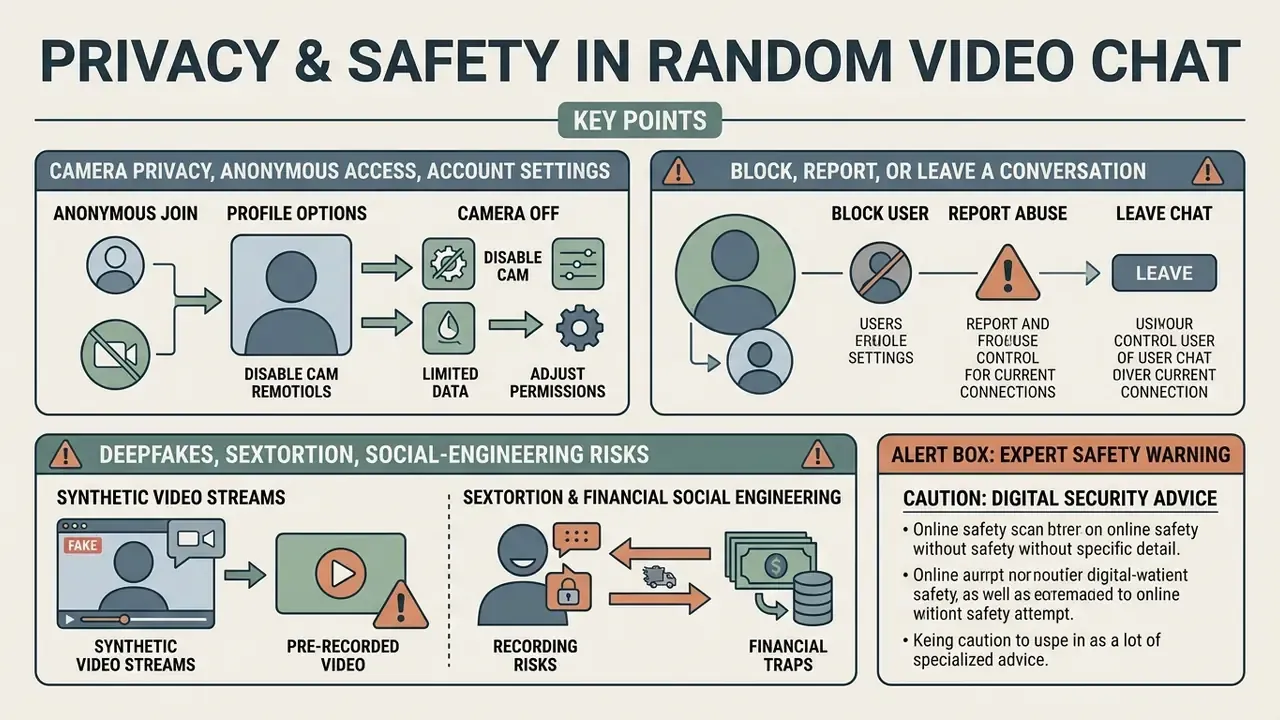 Diagram showing safety tips for online video chat girls including privacy settings and risk warnings