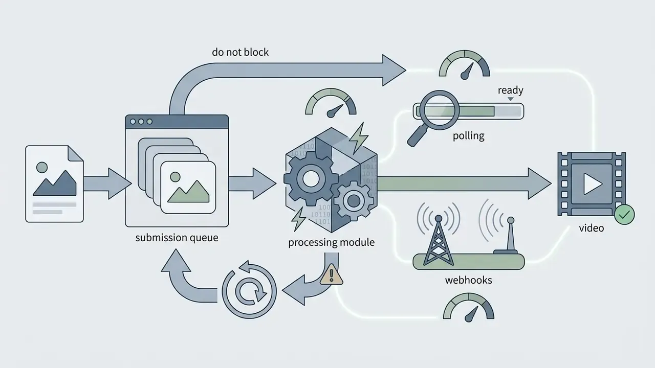 Asynchronous task processing loop with submission queue, polling, webhooks, and error retry logic