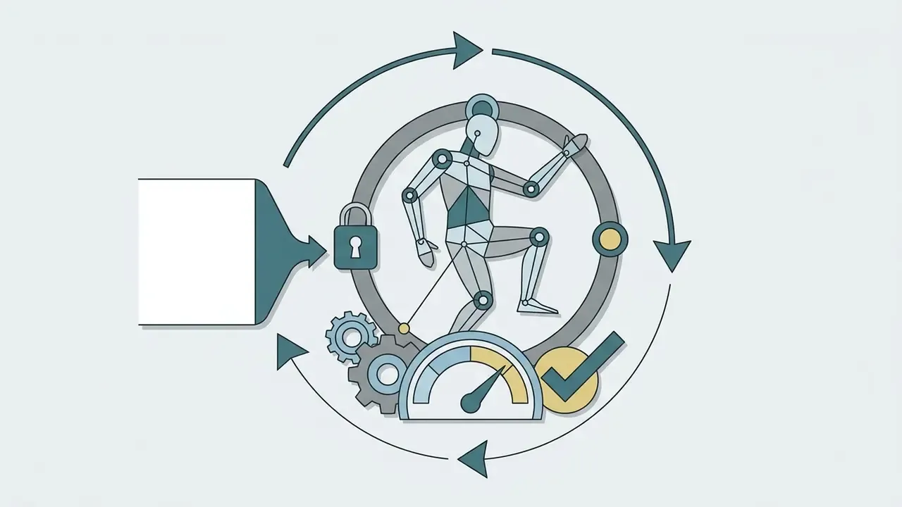 Geometric human figure inside a circular frame with a padlock, gears, and a gauge in a cycle