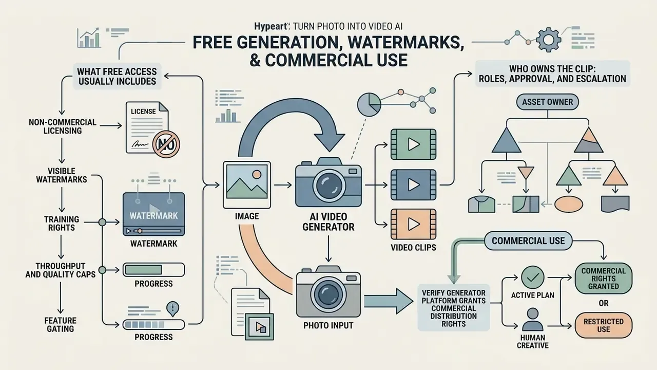 Flowchart outlining licensing, watermarks, and ownership roles for turn photo into video AI workflows