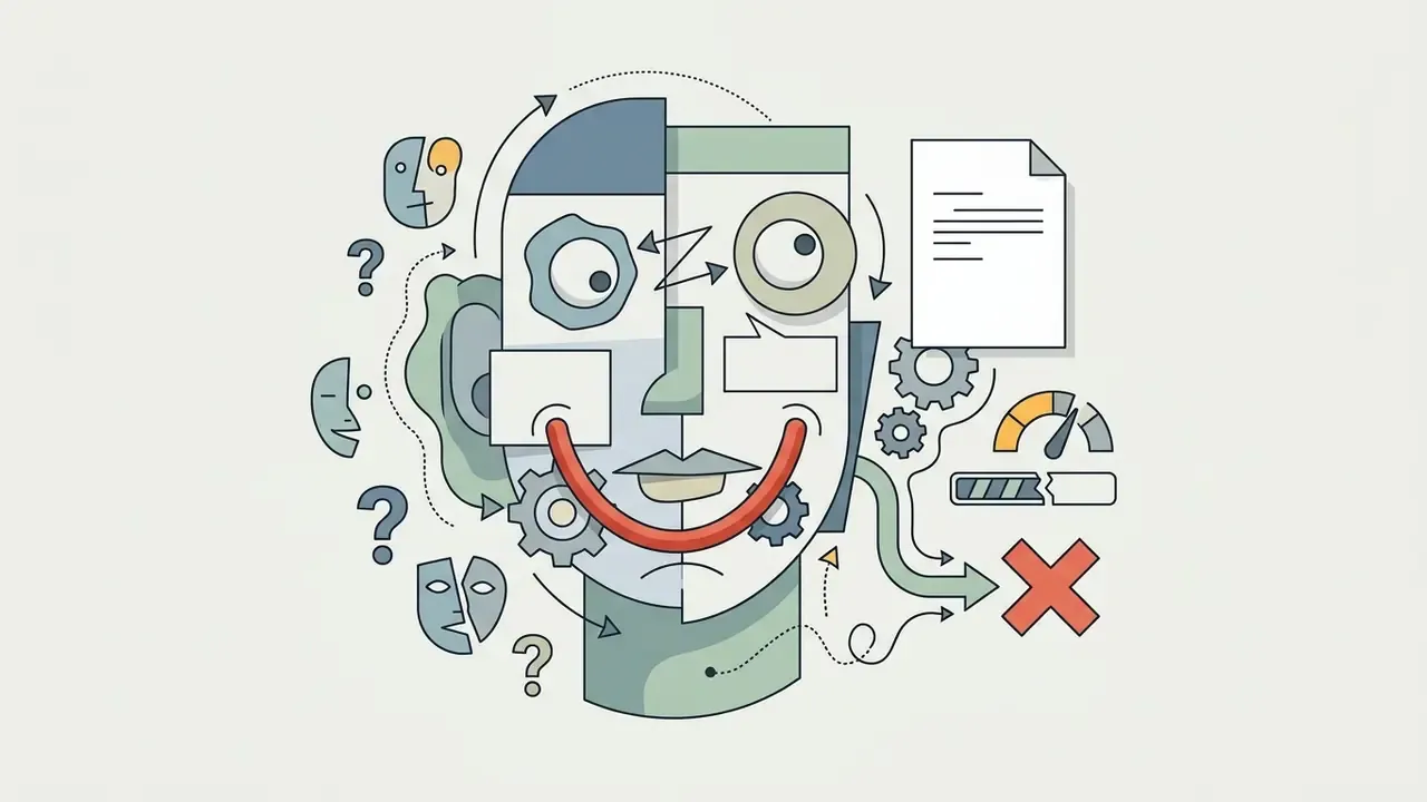 Split face with misaligned eyes and a wide red smile surrounded by gears, question marks, and a gauge