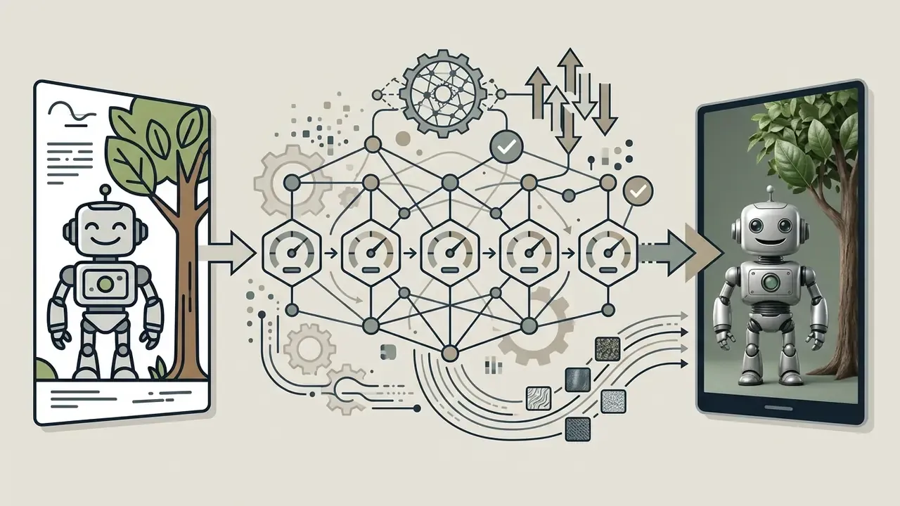 Robot drawing passing through a neural network of gauges and textures to emerge as a photorealistic image