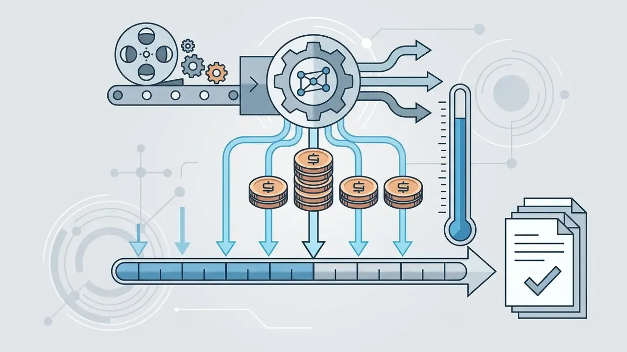 Film reel on a conveyor belt feeding into a gear mechanism that drains currency stacks into a progress bar