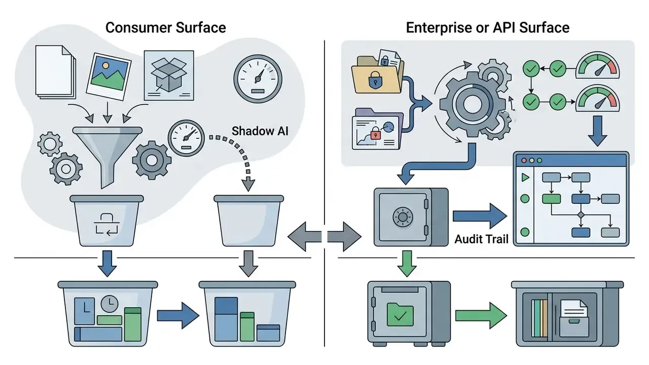 Split view showing data funneling into consumer bins versus secure enterprise storage with audit trails