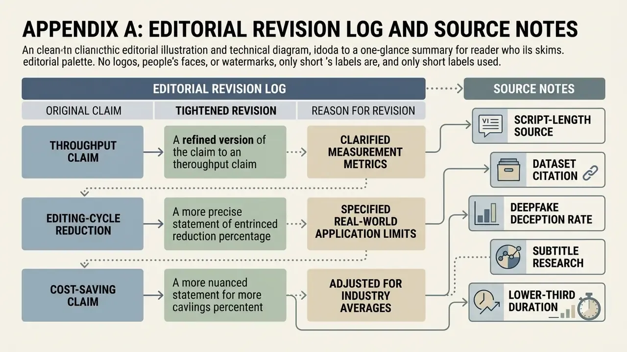 Table mapping original claims to tightened revisions and source notes for text to video AI news production