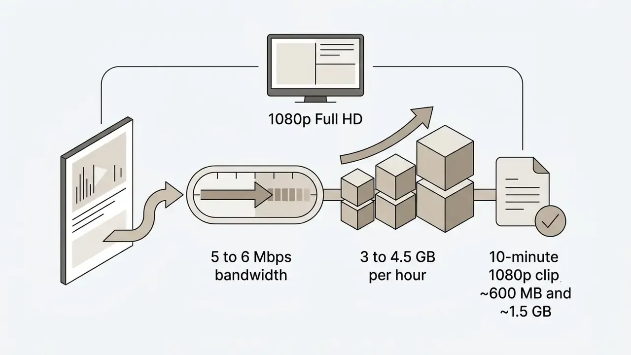Media stream passing through a bandwidth gauge into storage blocks representing 1080p file sizes