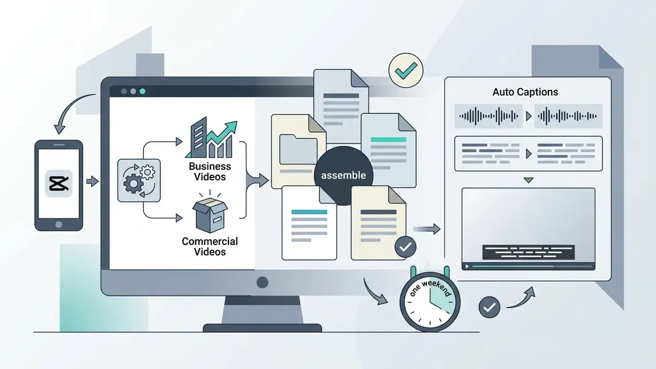 Desktop interface showing a project assembly process with templates and auto captions for video editing