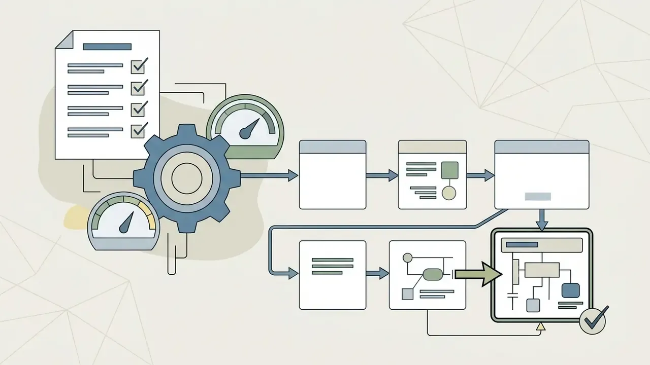 Checklist and gauges feeding a gear mechanism that processes data through a chain of linked sub-processors