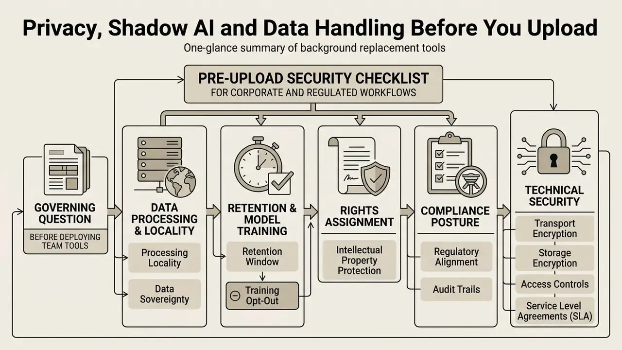 Flowchart outlining a security checklist for corporate data handling before using background replacement