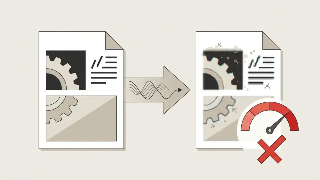 Document undergoing lossy compression resulting in pixelated artifacts and a red speed gauge with an X