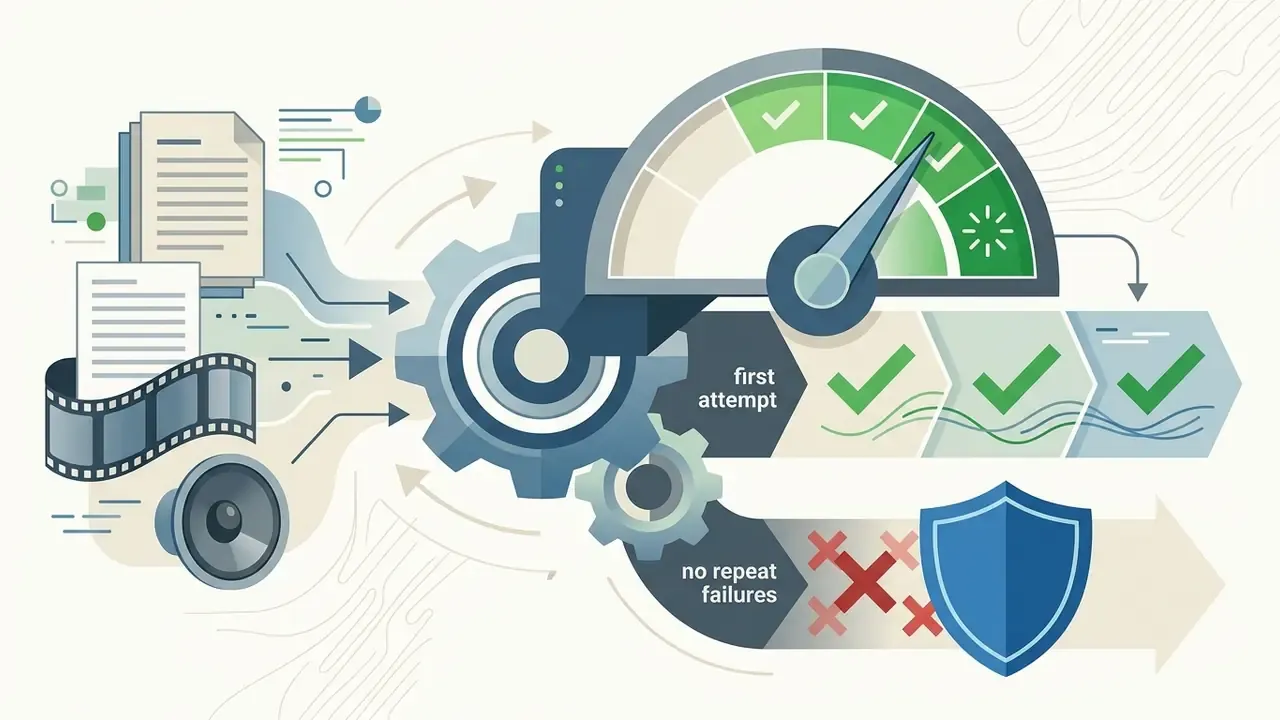 Media files feeding into a gear system that powers a gauge and tracks success metrics with a shield icon