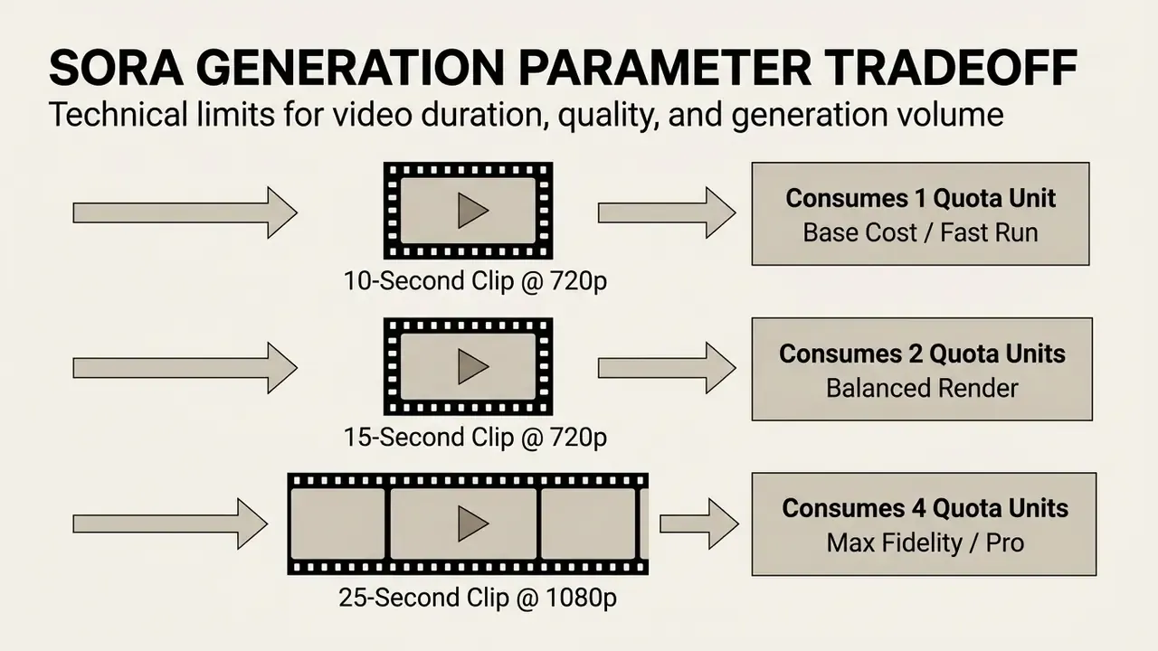 Diagram showing how video duration and resolution impact quota consumption for Sora generation