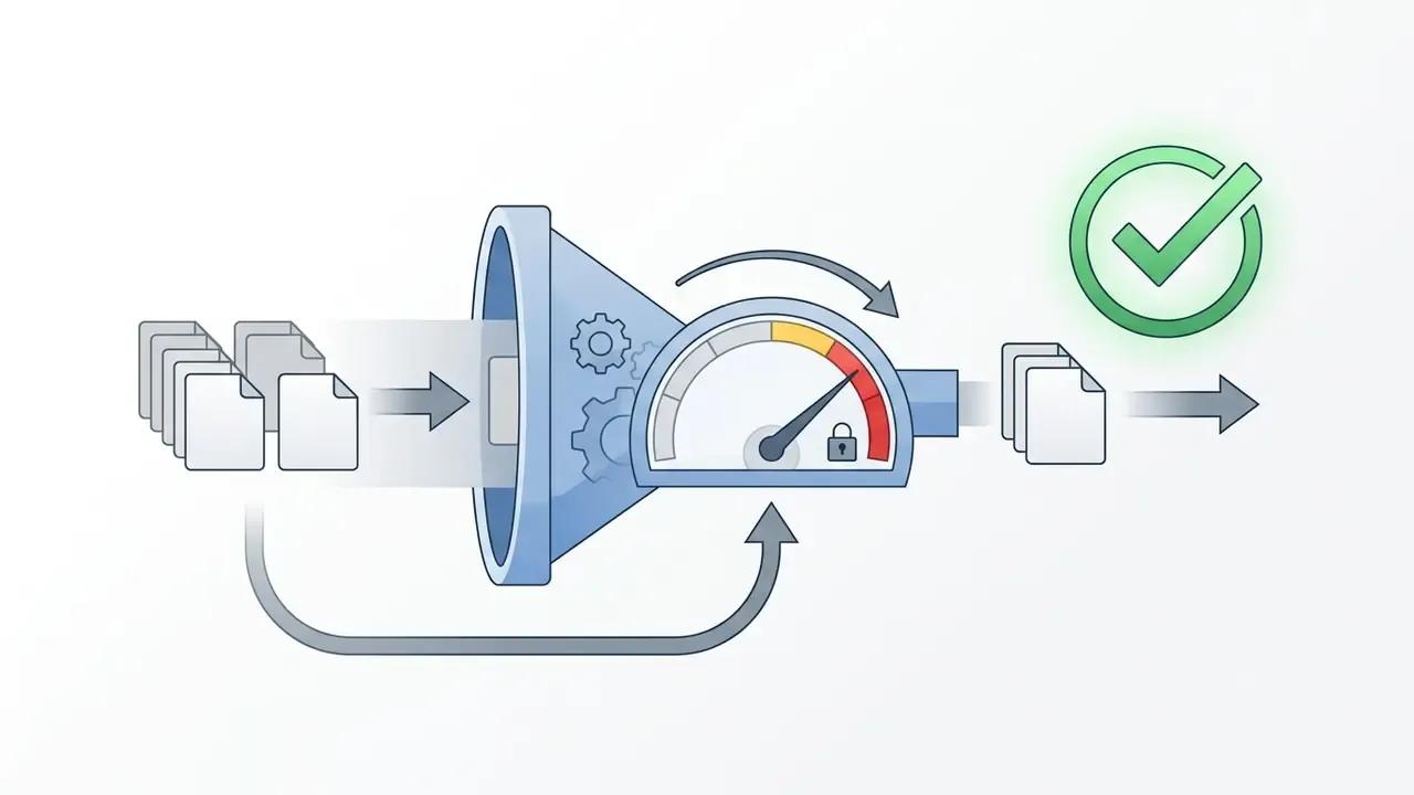 Funnel with a speed gauge and lock icon processing document files into a successful output