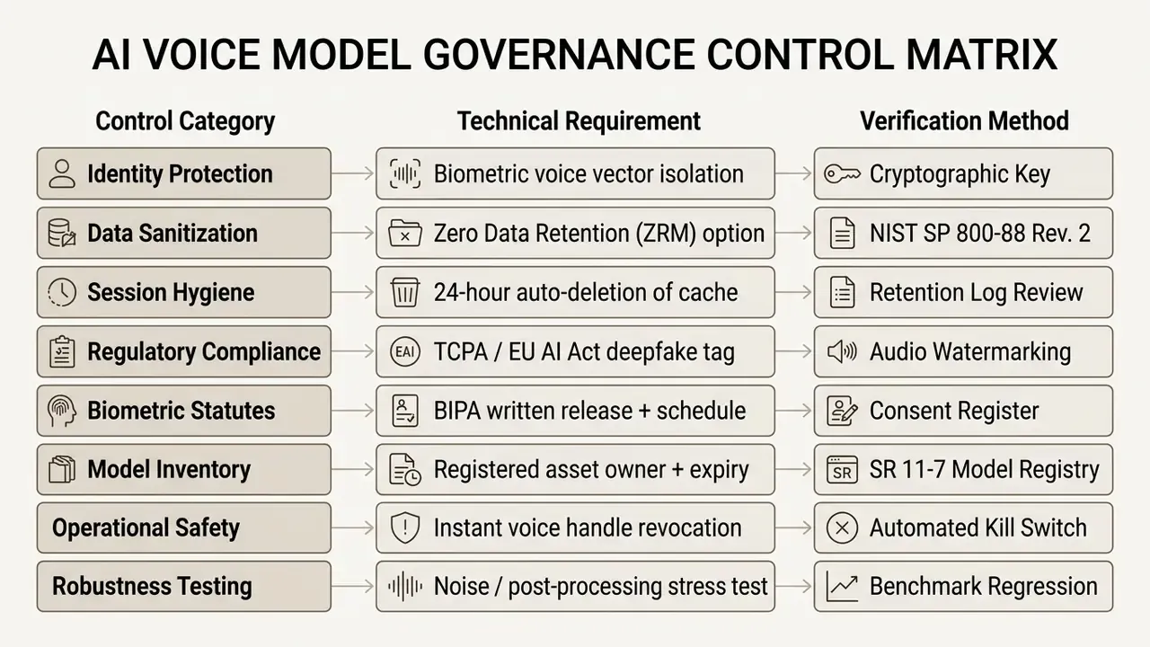Table mapping voice model control categories to technical requirements and verification methods