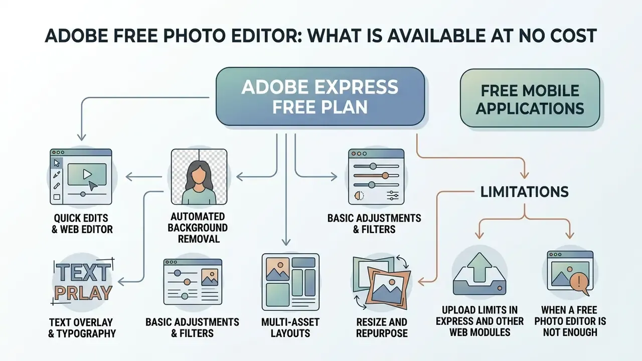 Diagram showing features and limitations of the Adobe Express free plan and mobile applications
