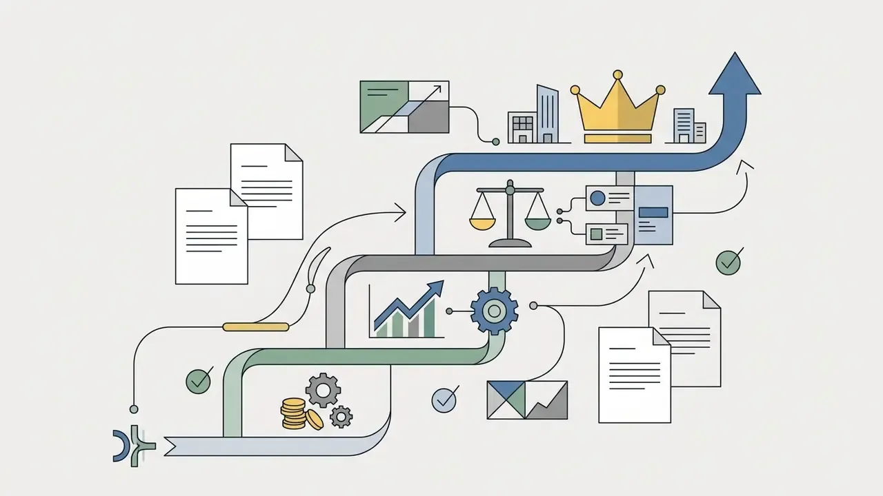 Stepped path showing career progression with icons for finance, data, balance, and leadership milestones