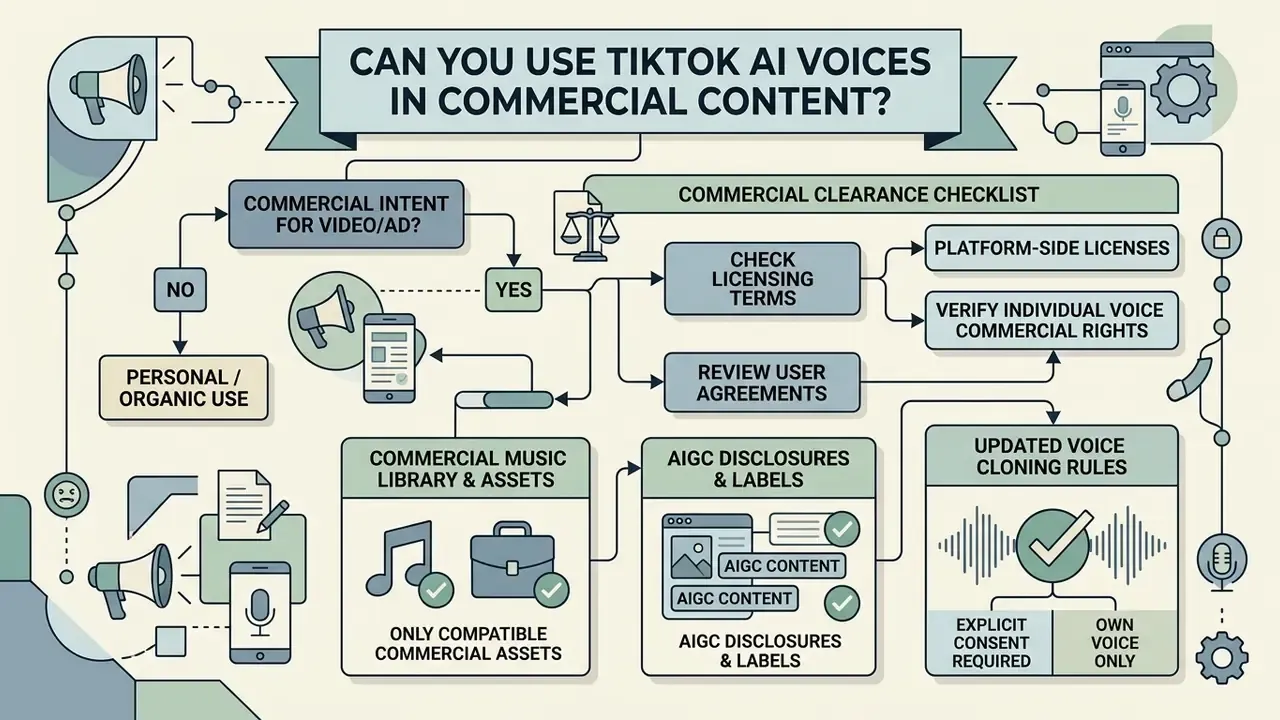 Flowchart outlining legal requirements and checklists for using synthetic speech in commercial media