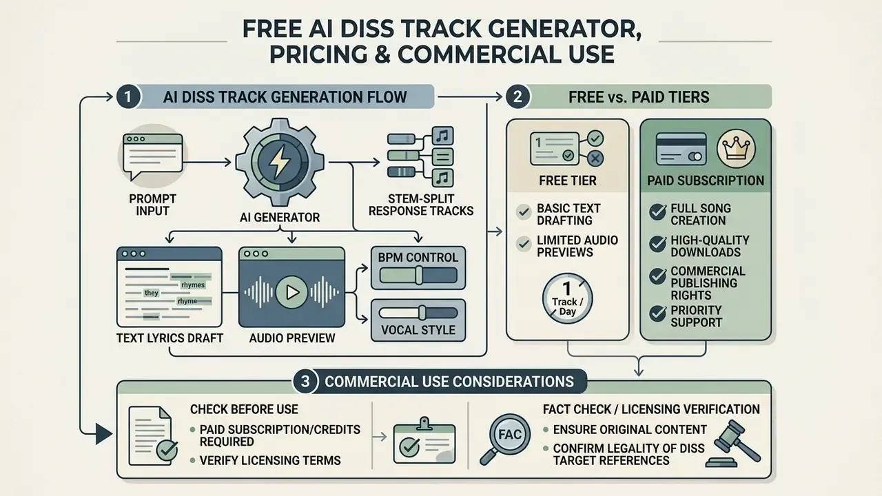 Workflow showing production steps, tier differences, and legal considerations for music software