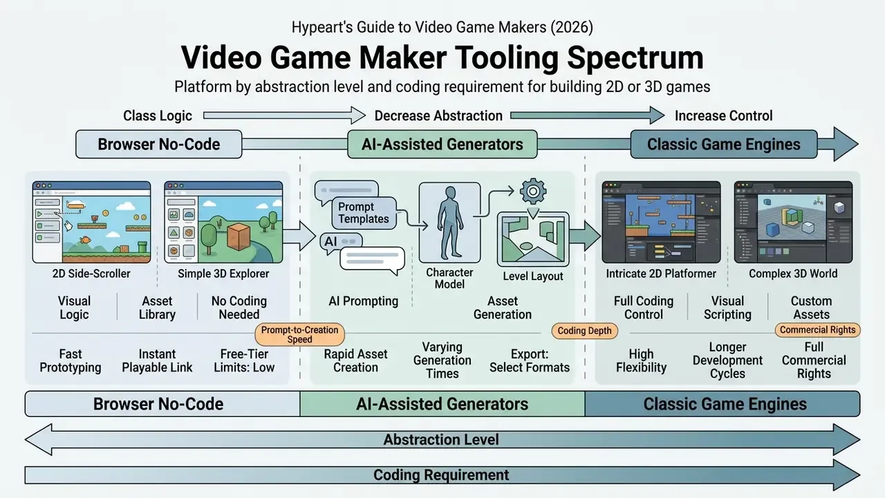 Diagram mapping game development tools from browser no-code platforms to AI generators and classic engines