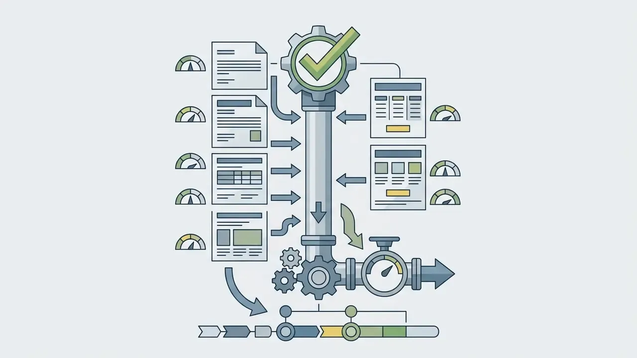 System of pipes and gears connecting document icons with speed gauges and a progress bar
