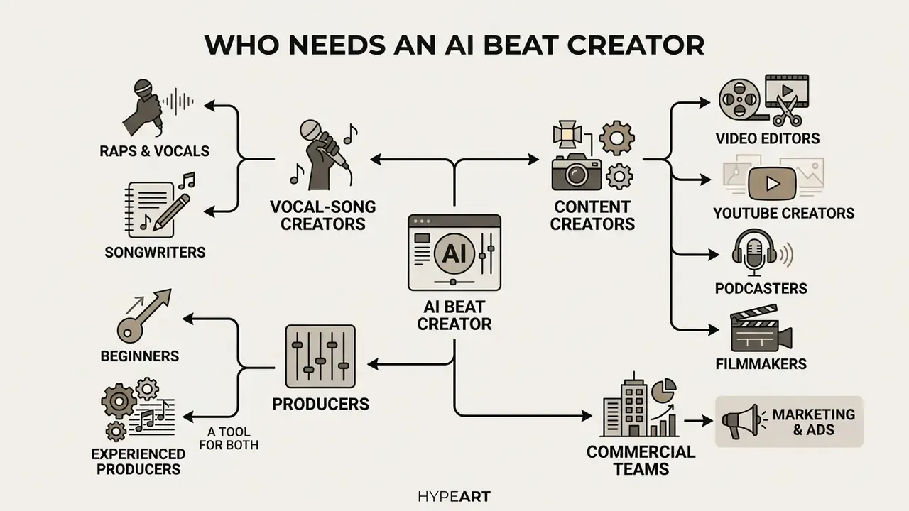 Diagram connecting an AI beat creator to diverse user groups like vocalists, producers, and marketers