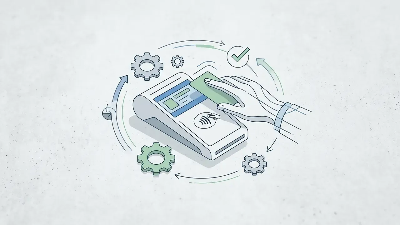 Hand tapping a card on a payment terminal surrounded by rotating gears and a checkmark icon