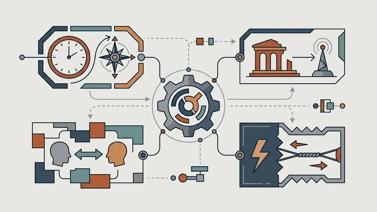 Central gear connecting icons representing time, location, human interaction, and energy flow